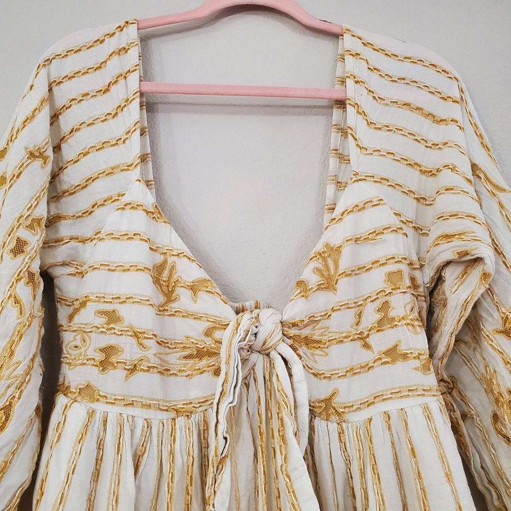 Anthropologie By Anthropologie Embroidered Tie-Front Maxi Dress Cream Gold M - Picture 9 of 13